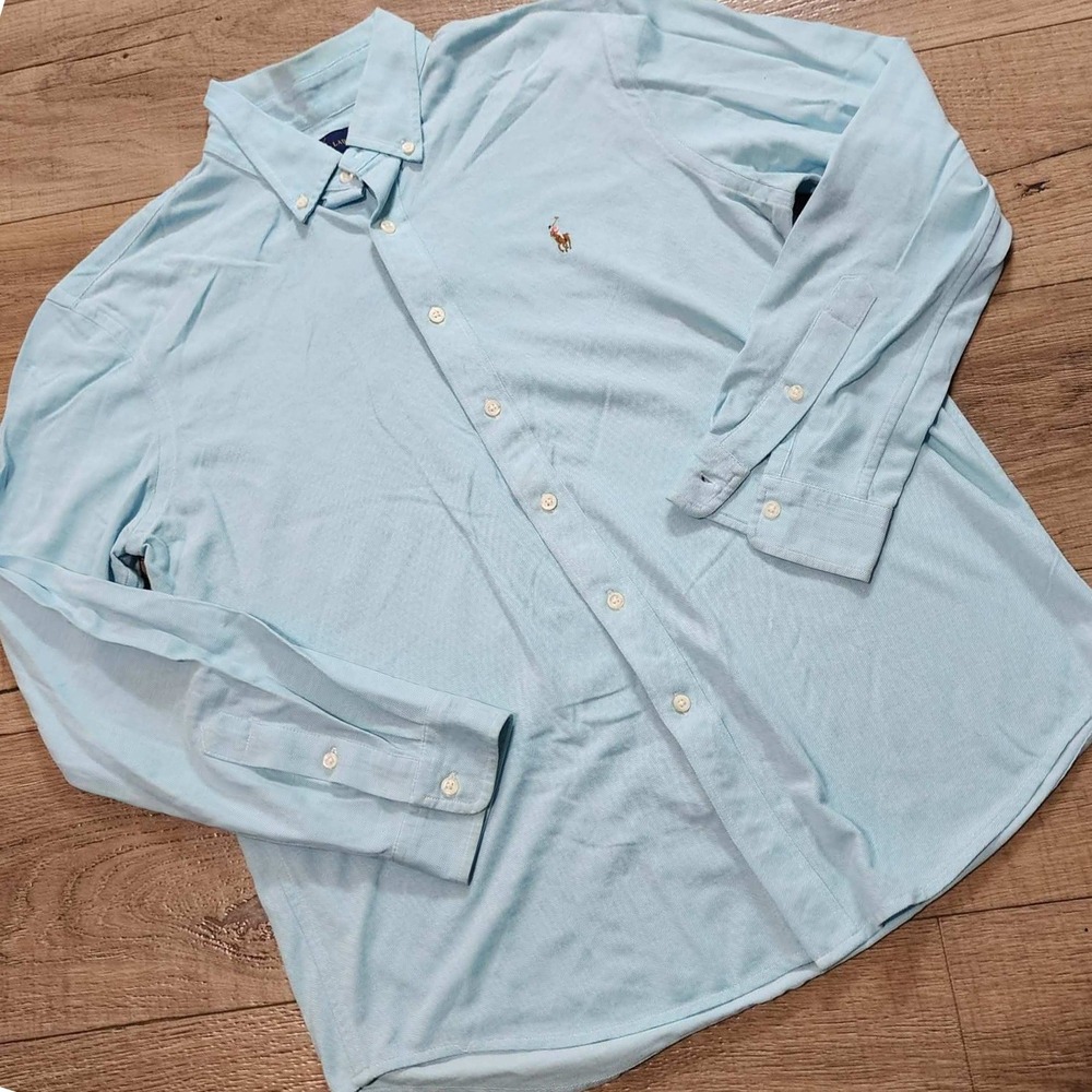 Polo Ralph Lauren Knit Oxford Shirt Mens XL Flesh Blue Long Sleeve Button Down